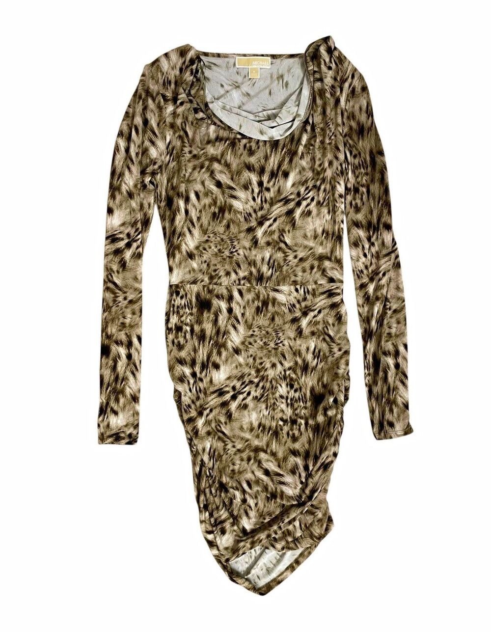 Michael Kors Brown/White Animal Print Cowl Neck Asymmetric Dress M